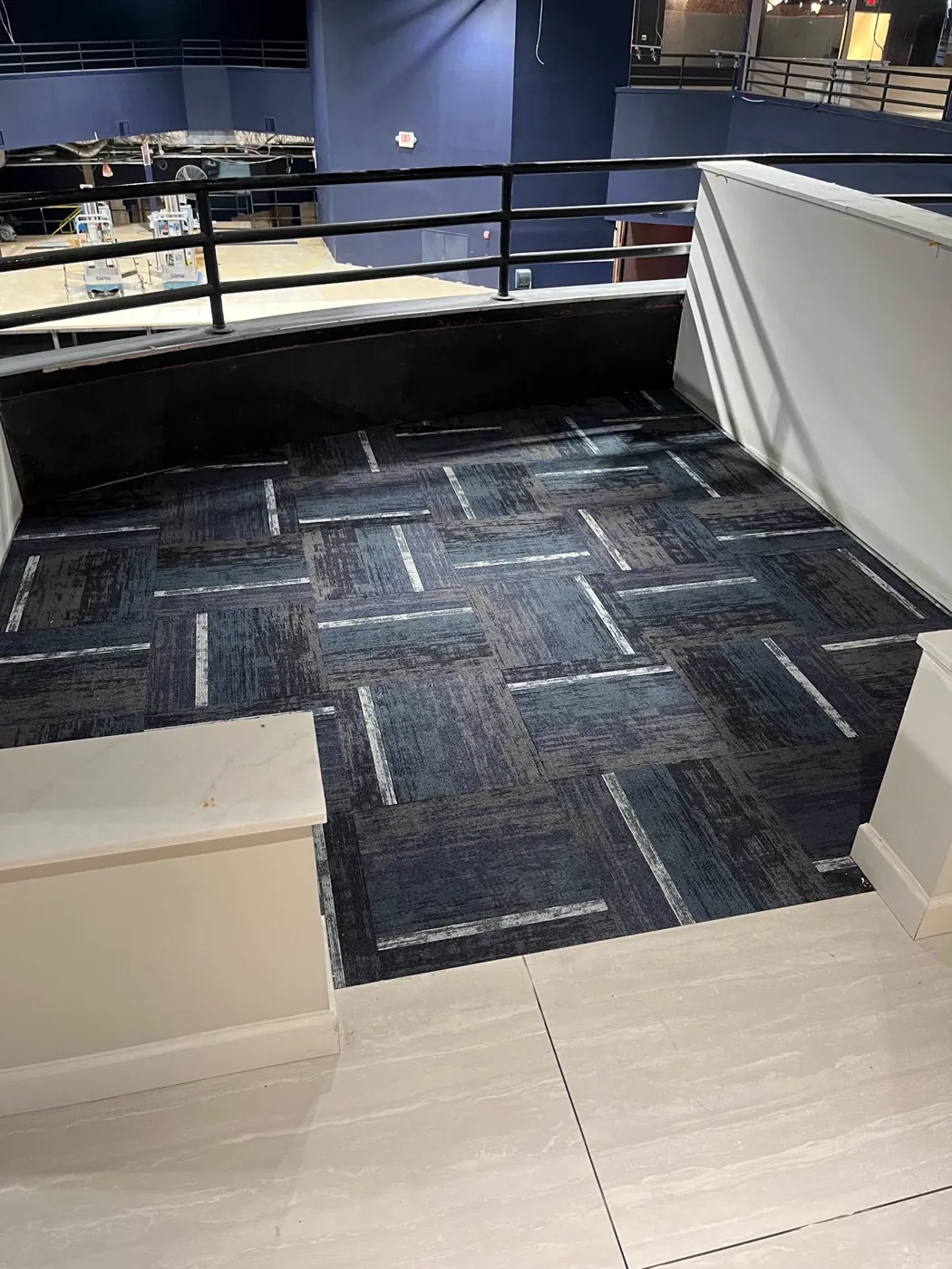 Mezzanine seating area with new carpet tile, commercial venue renovation, Metro Atlanta